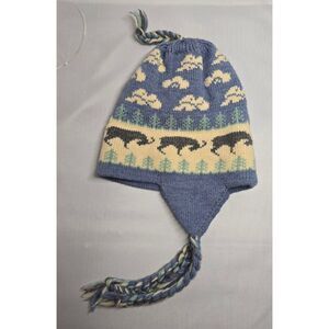 L.L. Bean Wool Knit Trapper Hat  Bear Cloud Pattern Blue Green Ivory Vintage